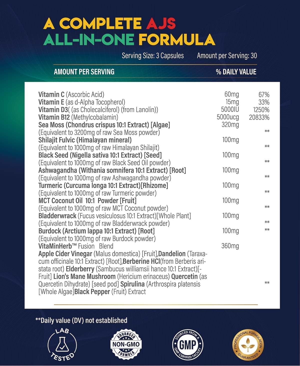 AJS Sea Moss Capsules 3200mg with Himalayan Shilajit 1000mg, Black Seed Oil