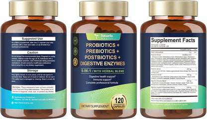 Totaria 5-in-1 60 Billion CFU Probiotic Prebiotic & Postbiotic for Women & Men, w/Digestive Enzymes, Slippery Elm, Daily Complete Gut Health, Digestive & Immune Support, 4 Month Supply, Vegan
