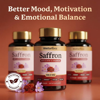 Saffron Supplements – 88.5 mg – 100% Pure Extract with Methylated Folate | Methylated Folate 5-MTHF & Vitamin B6, Mood, Focus, Vision & Energy Support, 60 Capsules