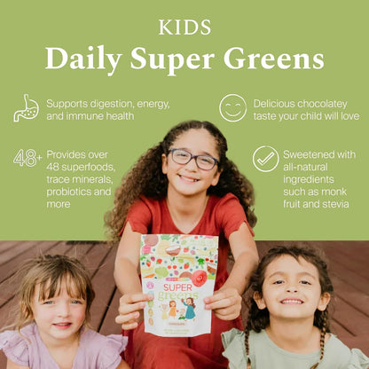 SPRIGS Kids Daily Super Greens Chocolate Powder with 48 Superfoods Probiotics Fiber Enzymes Plant Based Drink Mix for Children Supporting Digestion Immune Health Energy Growth &Daily Nutrition, 9.5 Oz