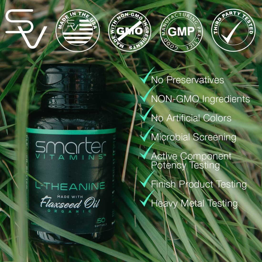 L-Theanine 250mg with Flaxseed Oil for Daily Calm Focus, 50 Liquid Softgels | Non-drowsy amino acid support for mental clarity, balanced mood and reduced caffeine jitters in easy-to-swallow softgels.
