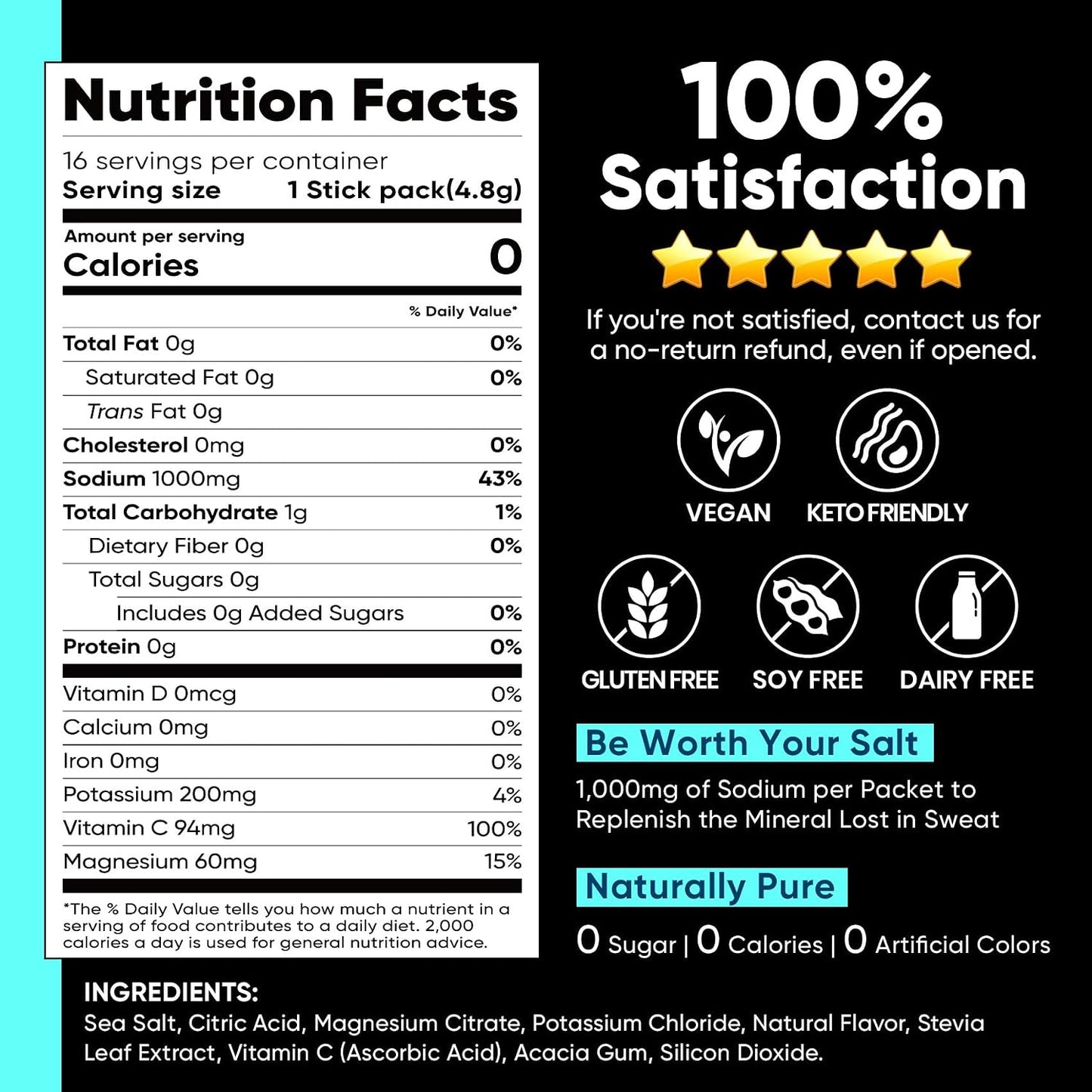 Venture Pal High Sodium Sugar-Free Electrolytes Powder Packets, 16 Sticks | Hydration Packets with Sodium, Potassium & Magnesium, Zero Calories, Keto, Vegan, and Paleo Friendly