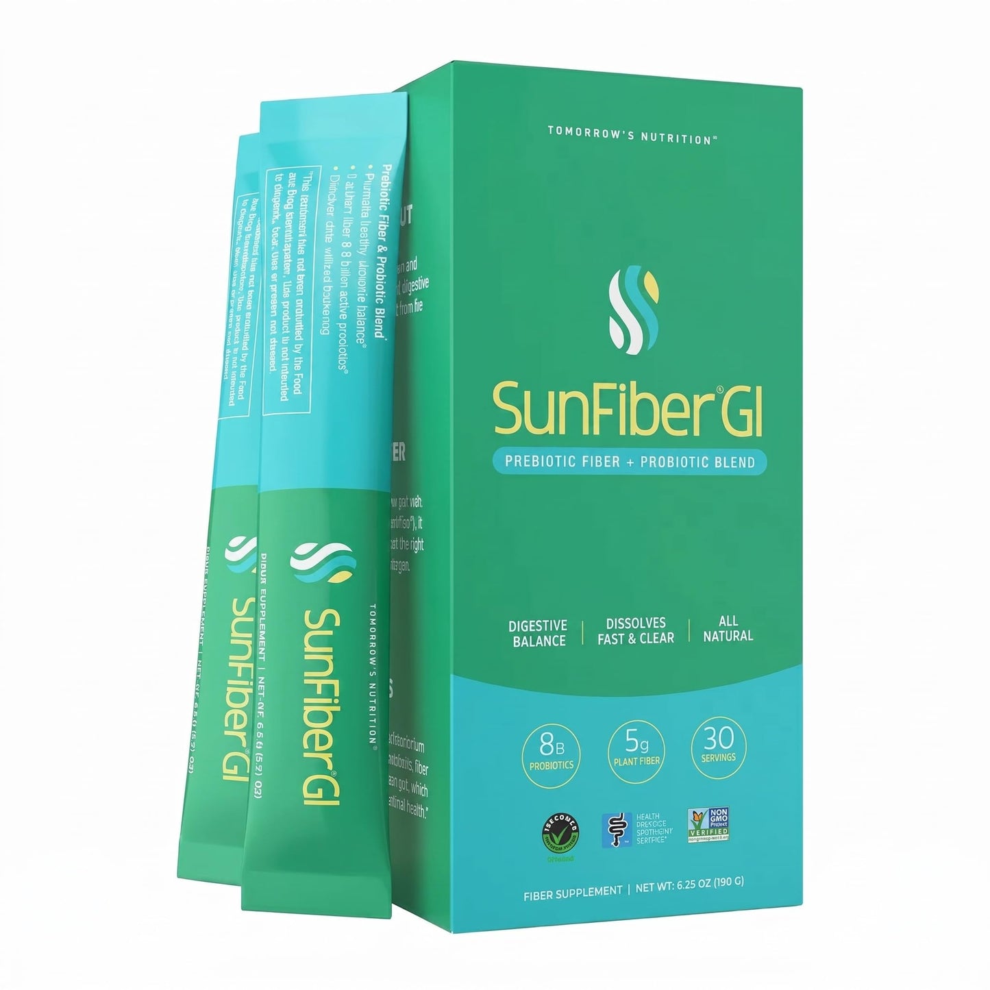 Tomorrow's Nutrition Sunfiber GI, Prebiotic Fiber & Probiotics, 5g Prebiotic Fiber & 8 Billion Probiotics Per Serving, Low FODMAP, 30-Day Supply, 30 Day