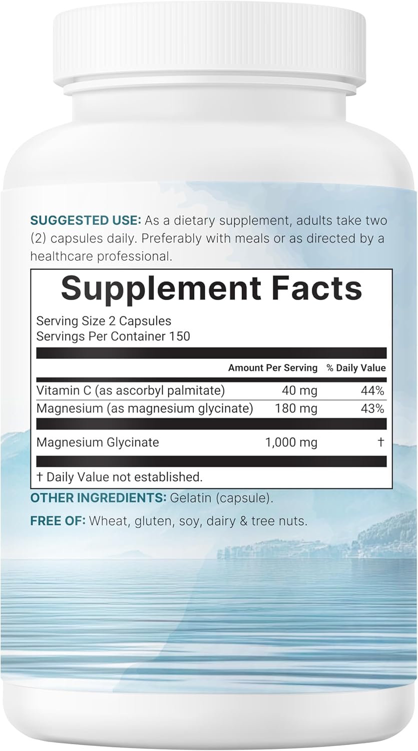 Pure Magnesium Glycinate 1,000mg, 300 Capsules | 100% Chelated for Max Absorption | Enhanced with Vitamin C | Only Uses Active Ingredients