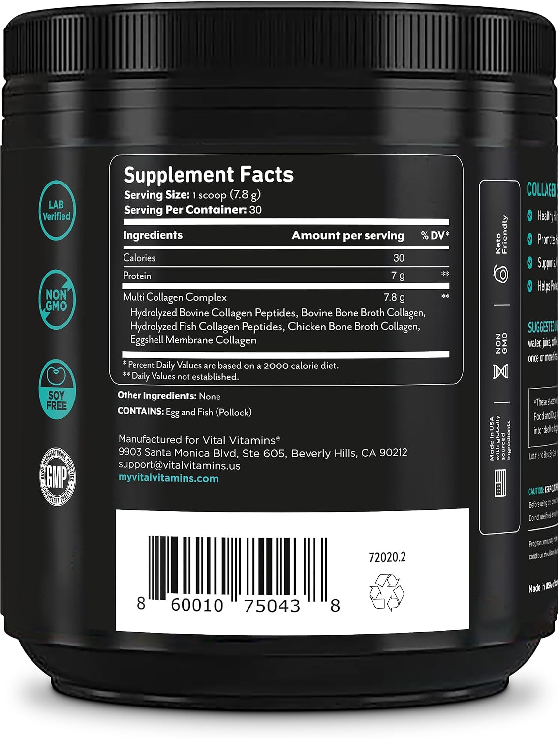 Vital Vitamins Multi Collagen Complex Powder for Hair, Skin, Nails & Joints | 5 Collagen Peptides Types I II III V & X, Unflavored, Easy to Dissolve, Scoop Included Inside, 30 Servings