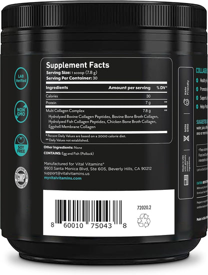 Vital Vitamins Multi Collagen Complex Powder for Hair, Skin, Nails & Joints | 5 Collagen Peptides Types I II III V & X, Unflavored, Easy to Dissolve, Scoop Included Inside, 30 Servings