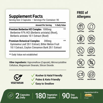 ForestLeaf Berberine Supplement - 1300mg per Serving - Ultra High Potency Berberine HCl with Ceylon Cinnamon, Bitter Melon & Gymnema - GLP-1 Weight Management Support - 90 Caps