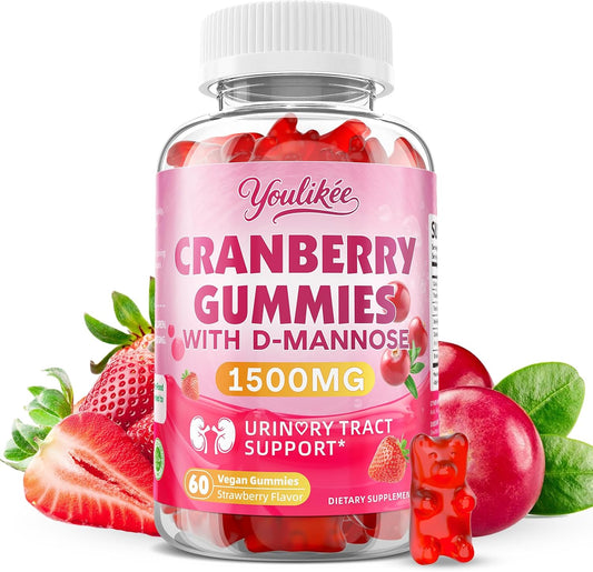 Vegan Cranberry Gummies 1500mg with D Mannose, Strawberry Flavor, 60 Count | Supports Urinary Tract Health for Women & Men, Sugar-free, Non-GMO and Gluten Free