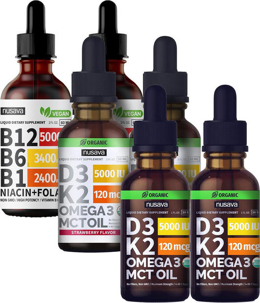 NUSAVA Unflavored D3 K2, Strawberry Flavored D3 K2 & Vitamin B12 Liquid Drops Bundle — Daily Wellness Liquid Vitamins for Energy & Immune Support — Non-GMO, Gluten-Free, 2pk Each