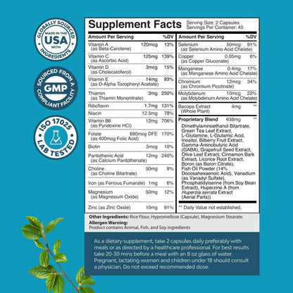 Nootropic Brain Supplement for Memory and Focus Support - Vitamins for Mental Support & Clarity with Bacopa Monnieri, VIT A, B6, Riboflavin, Niacin, Thiamin & Folate - Cognitive Complex - 60 Count
