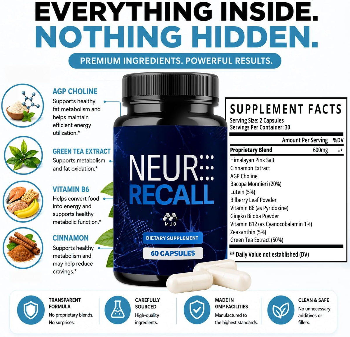 Neuro Recall Capsules, Official NeuroRecall Supplement 5-Pack, 300 Capsules