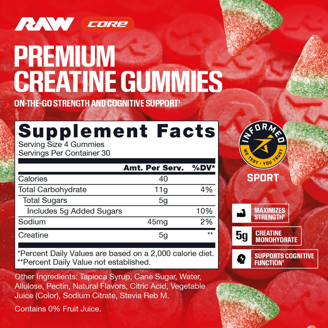 RAW Nutrition Creatine Gummies, Blue Raspberry, 5g Creatine Monohydrate, Supports Strength & High-Intensity Performance, No Mixing Chewable Pre/Post Workout Supplement, 120 Gummies (30 Servings)