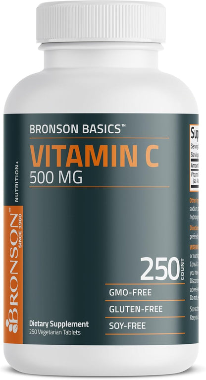 Bronson Vitamin C 500 mg Immune & Antioxidant Support, Non-GMO, 250 Tablets | Daily Vitamin C Replenishment, Vegetarian Formula, Gluten-Free & Soy-Free