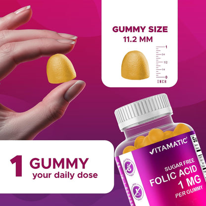 Vitamatic Sugar Free Folic Acid 1 mg Gummies 120 Count Orange Flavor | 1 mg Folic Acid, 1667 mcg DFE per gummy, Healthy cell growth, red blood cell formation, Gluten Free, Non GMO