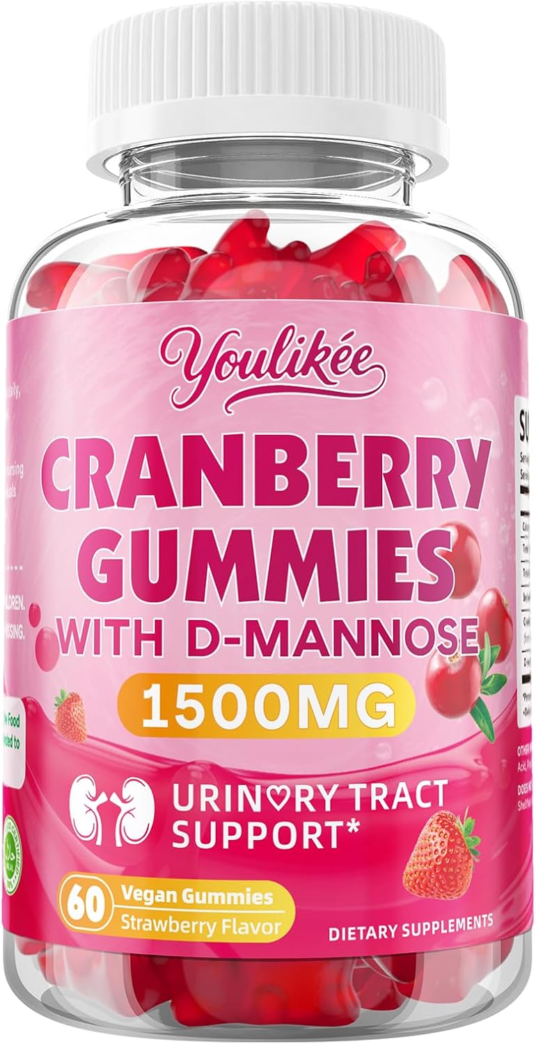 Vegan Cranberry Gummies 1500mg with D Mannose, Strawberry Flavor, 60 Count | Supports Urinary Tract Health for Women & Men, Sugar-free, Non-GMO and Gluten Free