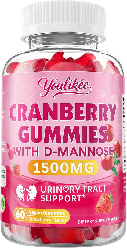 Vegan Cranberry Gummies 1500mg with D Mannose, Strawberry Flavor, 60 Count | Supports Urinary Tract Health for Women & Men, Sugar-free, Non-GMO and Gluten Free