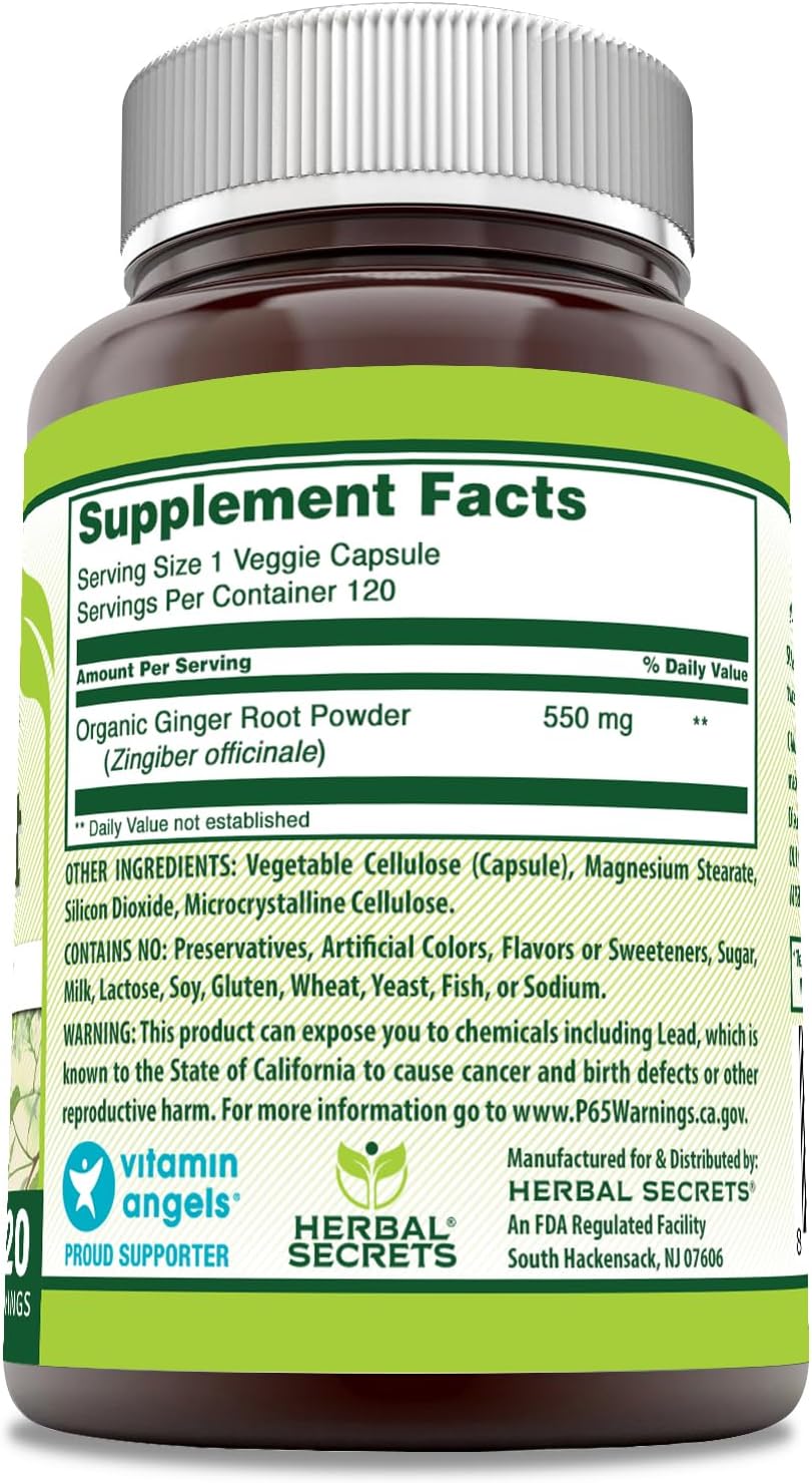 Herbal Secrets Ginger Root Supplement | 550 Mg Per Serving | Veggie Capsules | Non-GMO | Gluten Free | Made in USA (1 Pack, 120 Count)