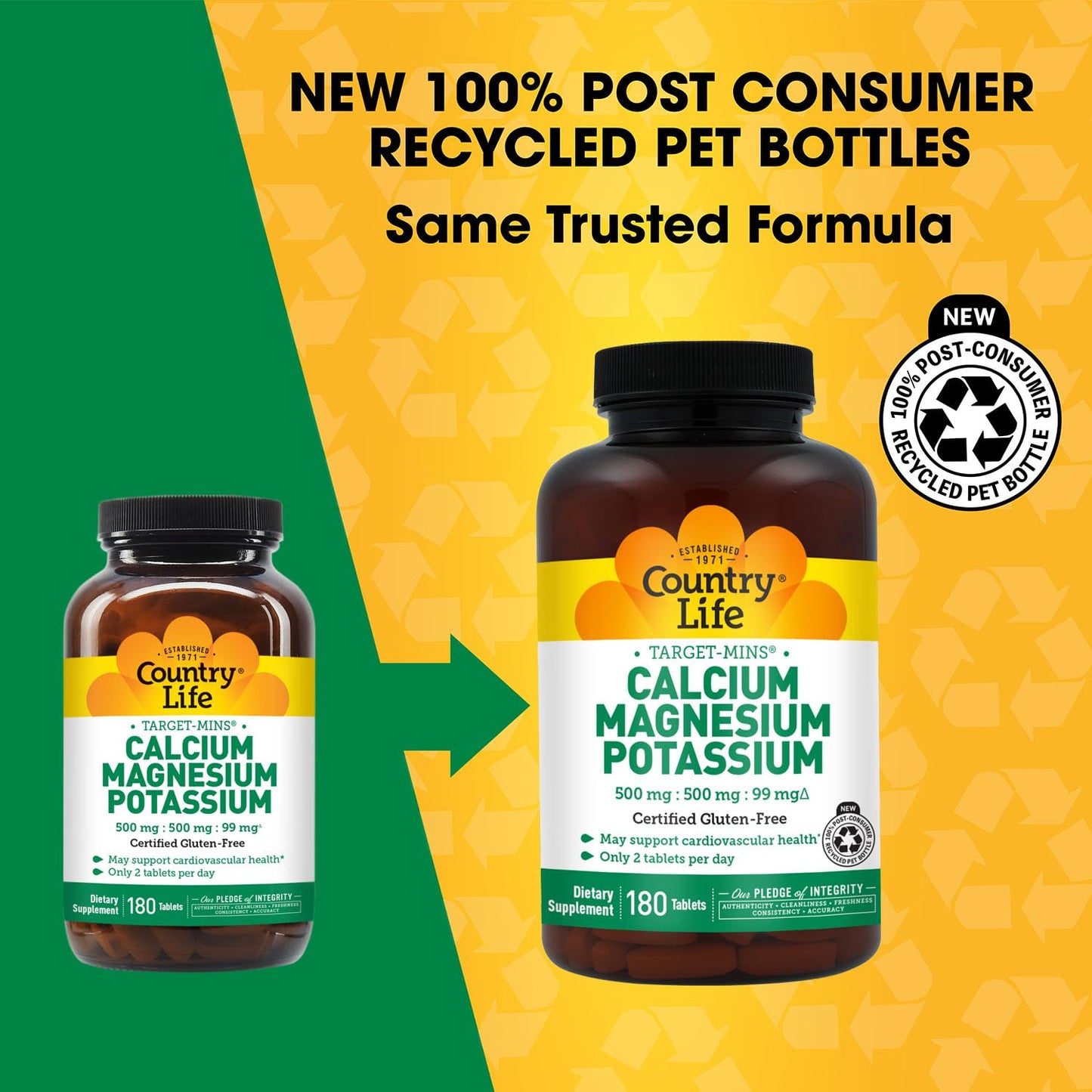 Country Life Target Mins - Calcium Magnesium Potassium Bone & Heart Health Supplement, 1000mg Calcium, 500mg Magnesium, Supports Calcium Utilization, 180 Tablets – Certified Gluten Free & Vegan