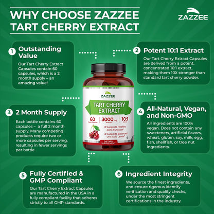 Zazzee Tart Cherry 10:1 Extract, 200 Vegan Capsules, 6+ Month Supply, Montmorency Cherry, Certified Kosher, Joint & Uric Acid Support, Antioxidant Support Formula, Non-GMO, Made in the USA