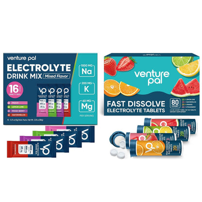 Venture Pal Electrolyte Hydration Bundle – Chewable Tablets & High Sodium Powder Packets for Rapid Hydration, Outdoor Activities, Sports & Workouts | Sugar-Free, Keto & Vegan Friendly | 96 Count Total