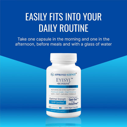 Approved Science EyeSyl - Eye Support Supplement - Chromium Picolinate, Taurine, Lutein, Zeaxanthin, Bilberry, BioPerine - 1 Month Supply - 60 Capsules - Made in The USA