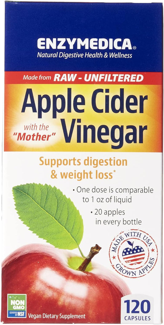 Enzymedica Apple Cider Vinegar Supplement for Men & Women - Apple Cider Vinegar Capsules with Mother, Raw & Unfiltered, Gut Health & Digestive Support, Gluten Free ACV, Vegan, Non-GMO - 120 Count