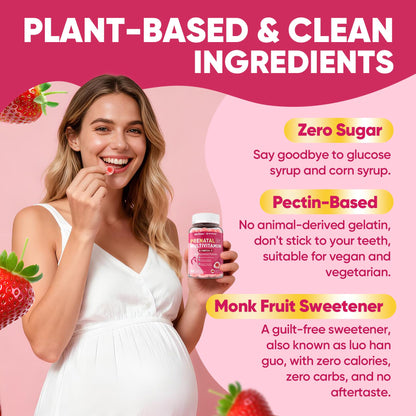 Prenatal Vitamins for Women Gummies, Methylfolate 1mg, Vegan Omega 3 DHA 800mg, Iron, Choline, Iodine, Vitamin D3 B6 B12 - Multivitamin for Women Before, During & After Pregnancy, Sugar Free, 60 Count