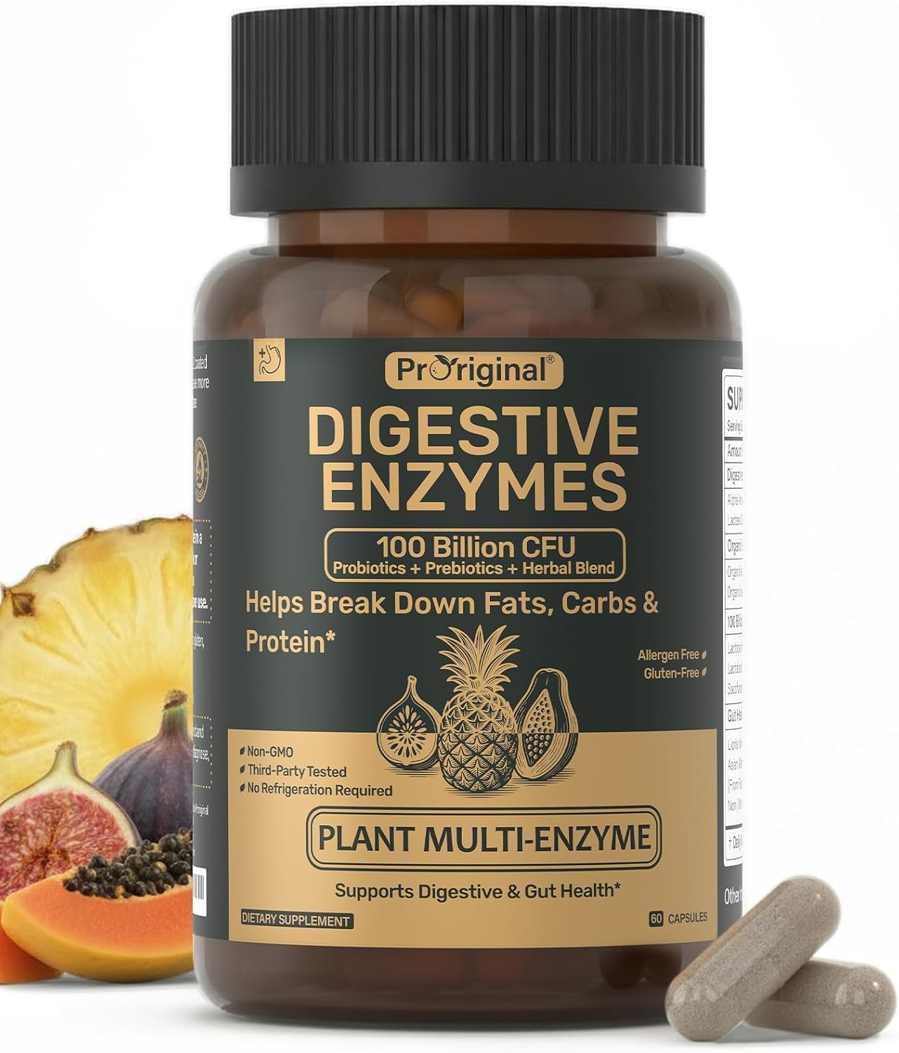 Digestive Enzymes Supplement with 100 Billion CFU Probiotic & Prebiotic | Multi-Enzyme Formula for Women & Men - Supports Digestive & Gut Health, Aids Protein, Carb & Dairy Digestion, 60 Caps