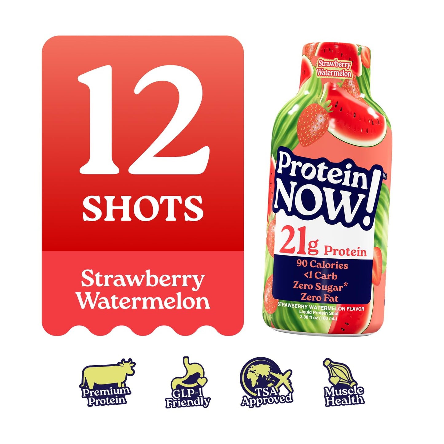 Protein Now Liquid 3 oz. Protein Shot By NutraBio– 21g Protein, 0 Carbs, 0 Fat, GLP-1 Support, Ready-to-Drink, No Refrigeration, Whey & Collagen Protein for Hair, Skin & Nails, On-the-Go Nutrition- Strawberry Watermelon
