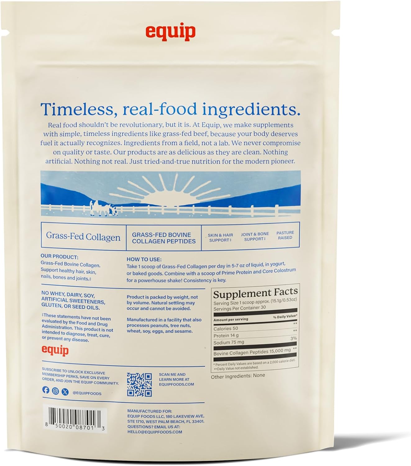 Equip Foods Grass Fed Collagen Powder | Hydrolyzed Bovine Collagen Peptides with Amino Acids | Prime Beef Collagen for Healthy Joints, Skin & Nails | Non-GMO, Paleo Friendly | 30 Servings, Unflavored