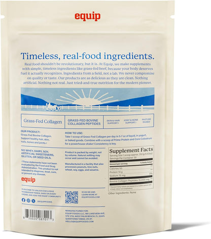Equip Foods Grass Fed Collagen Powder | Hydrolyzed Bovine Collagen Peptides with Amino Acids | Prime Beef Collagen for Healthy Joints, Skin & Nails | Non-GMO, Paleo Friendly | 30 Servings, Unflavored