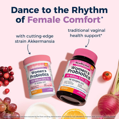 NewRhythm Probiotics for Women, Akkermansia Probiotic, Biotin, Vitamin B6 B12 & Inositol, 120 Billion CFU 20 Strains, Digestive Enzymes, Prebiotics & Vaginal Probiotics for PH Balance, 60 Capsules