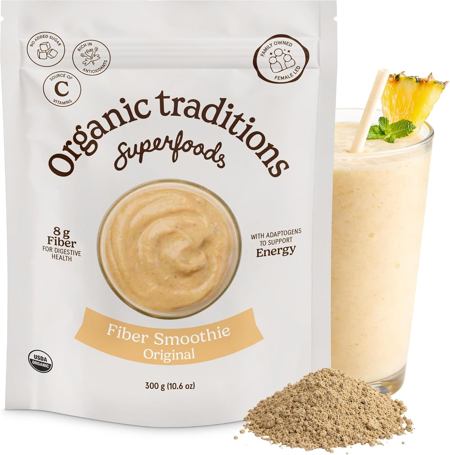 Organic Traditions Fiber Smoothie Original, Prebiotic Supplement with Chia, Flax, Chia, Flax, Psyllium, Acacia, Vitamin C and Superfood Blend, High Fiber Supplement for Digestive Health, 300g / 10.6oz