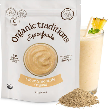 Organic Traditions Fiber Smoothie Original, Prebiotic Supplement with Chia, Flax, Chia, Flax, Psyllium, Acacia, Vitamin C and Superfood Blend, High Fiber Supplement for Digestive Health, 300g / 10.6oz