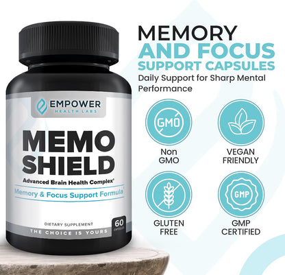 MemoShield Brain Health Supplement – Advanced Memory Support with Lion's Mane, Bacopa Monnieri, and Ginkgo Biloba – Cognitive Function and Brain Health Formula – 60 Capsules