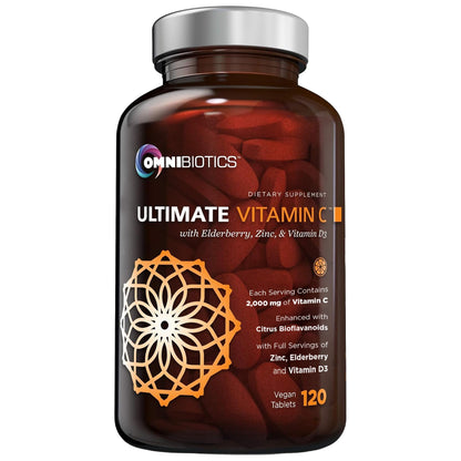 OmniBiotics Ultimate Vitamin C Supplement 2000mg – with Zinc, Elderberry Extract, and D3 – High Potency Immune Support & Collagen Booster – 120 Vegan Tablets