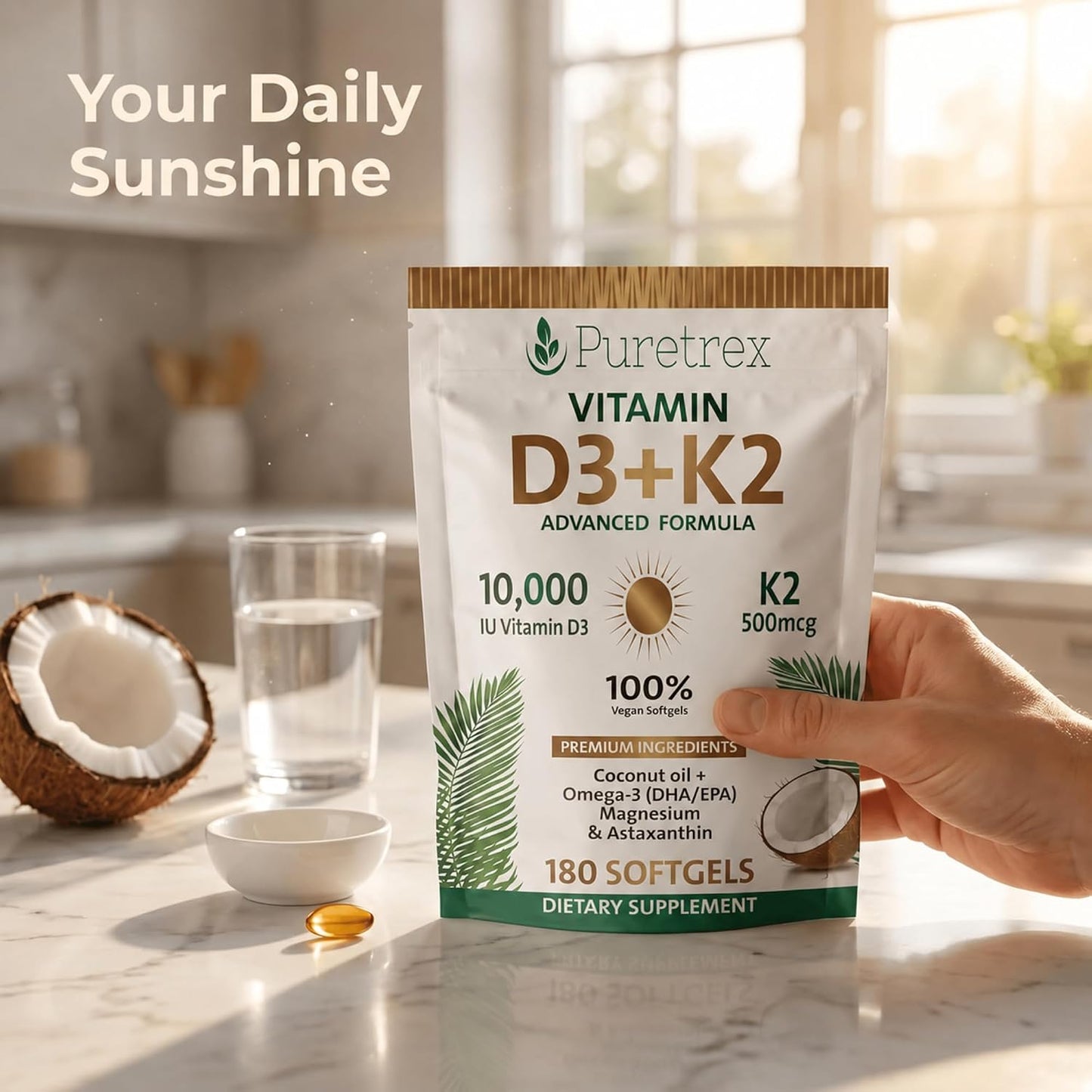 Vitamin D3 K2 10000 IU with 500mcg MK7 (MK-7) - Advanced Formula Vegan Softgels, Lichen Sourced D3, Omega 3 DHA EPA, Magnesium Glycinate, Astaxanthin, Black Seed, Coconut Oil, 180 Softgels