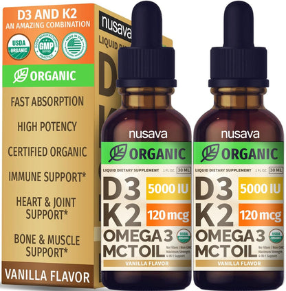 NUSAVA Vitamin B12 Liquid Drops, Strawberry Flavored D3 K2 & Vanilla Flavored D3 K2 Bundle — Daily Wellness Liquid Vitamins for Energy & Immune Support — Non-GMO, Gluten-Free, 2pk Each