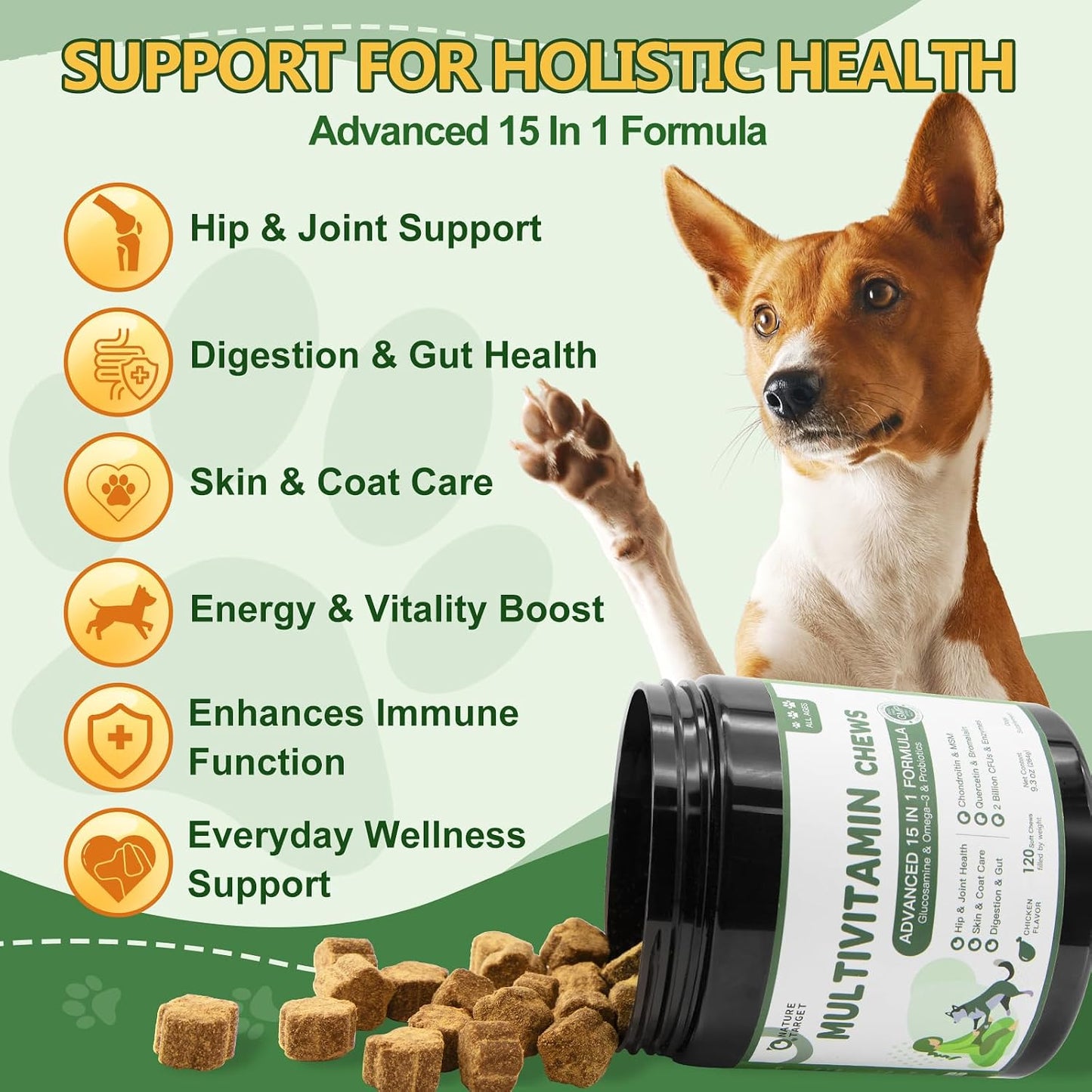 NATURE TARGET Multivitamin for Dogs, 120 Soft Chews, Chicken Flavor | with MSM & Glucosamine, Omegas 3 & 6, & Probiotics for Digestive Health, Joint Support, Skin & Coat, Immune & Overall Health