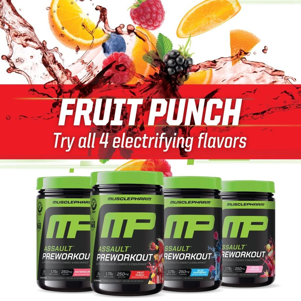 MusclePharm Assault Pre Workout Powder for Men & Women – Energy & Strength Boost Pre-Workout Supplements with Beta Alanine, Caffeine, Creatine & Betaine Anhydrous – 30 Servings, Fruit Punch Flavor