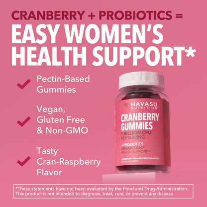 Cranberry Probiotic Gummies, Cran-Raspberry, 60ct, Bladder Support | Probiotic Cranberry Gummies for Women, Urinary Tract Health & pH Balance, 1 Billion CFU of Lactobacillus, Vaginal Wellness