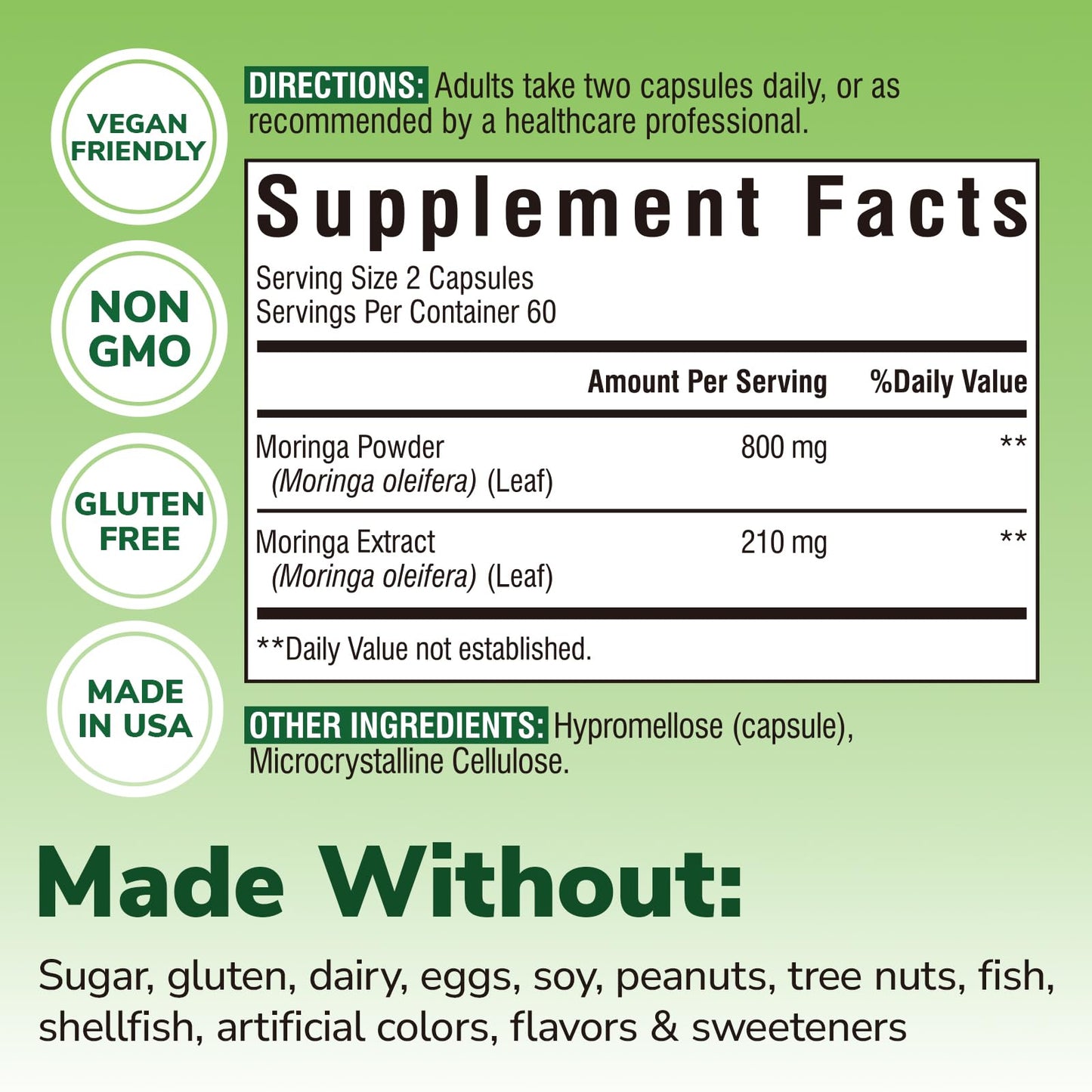 Moringa 1,010 mg, Maximum Potency, Complete Green Superfood, Rich in Antioxidants, No Gluten & Caffeine, Non-GMO, Energy, Immune, Gut & Skin Health, 90 Vegan Capsules