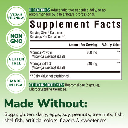 Moringa 1,010 mg, Maximum Potency, Complete Green Superfood, Rich in Antioxidants, No Gluten & Caffeine, Non-GMO, Energy, Immune, Gut & Skin Health, 90 Vegan Capsules