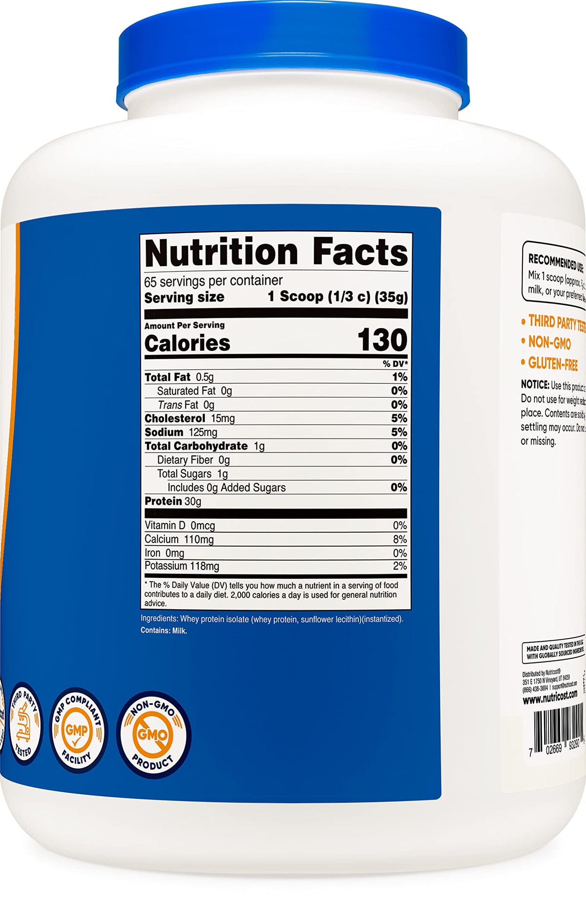 Nutricost Whey Protein Isolate (Unflavored) 5LBS
