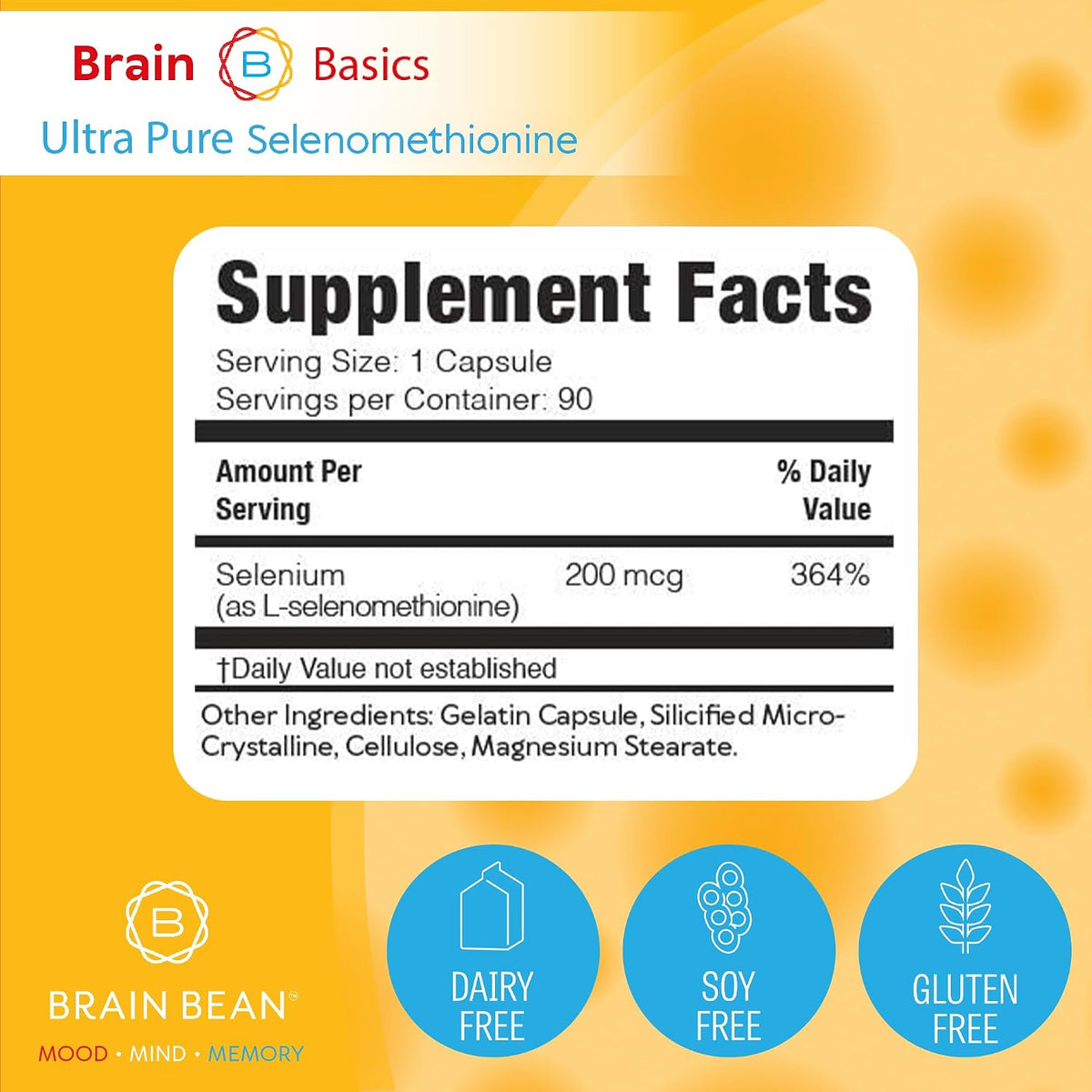 Brain Basics Ultra-Pure Selenomethionine - Proper Thyroid Function and Immune System Support - 200 mcg Most Bioavailable Selenium - 90 Servings