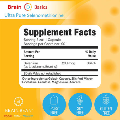 Brain Basics Ultra-Pure Selenomethionine - Proper Thyroid Function and Immune System Support - 200 mcg Most Bioavailable Selenium - 90 Servings