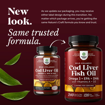 Icelandic Wild Caught Cod Liver Oil Softgels - Fish Omega 3, EPA, DHA, Vitamin D & A, 1000mg Per Serving - Burpless Capsules for Heart, Joint, Brain & Immune Support - 100 Count