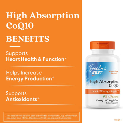 Doctor's Best High Absorption CoQ10 200mg with BioPerine Supplement - Coenzyme Q10 Caps for Heart Health & Antioxidant Support, CoQ10 200 mg for Women & Men, Non GMO - 60 Veg Capsules