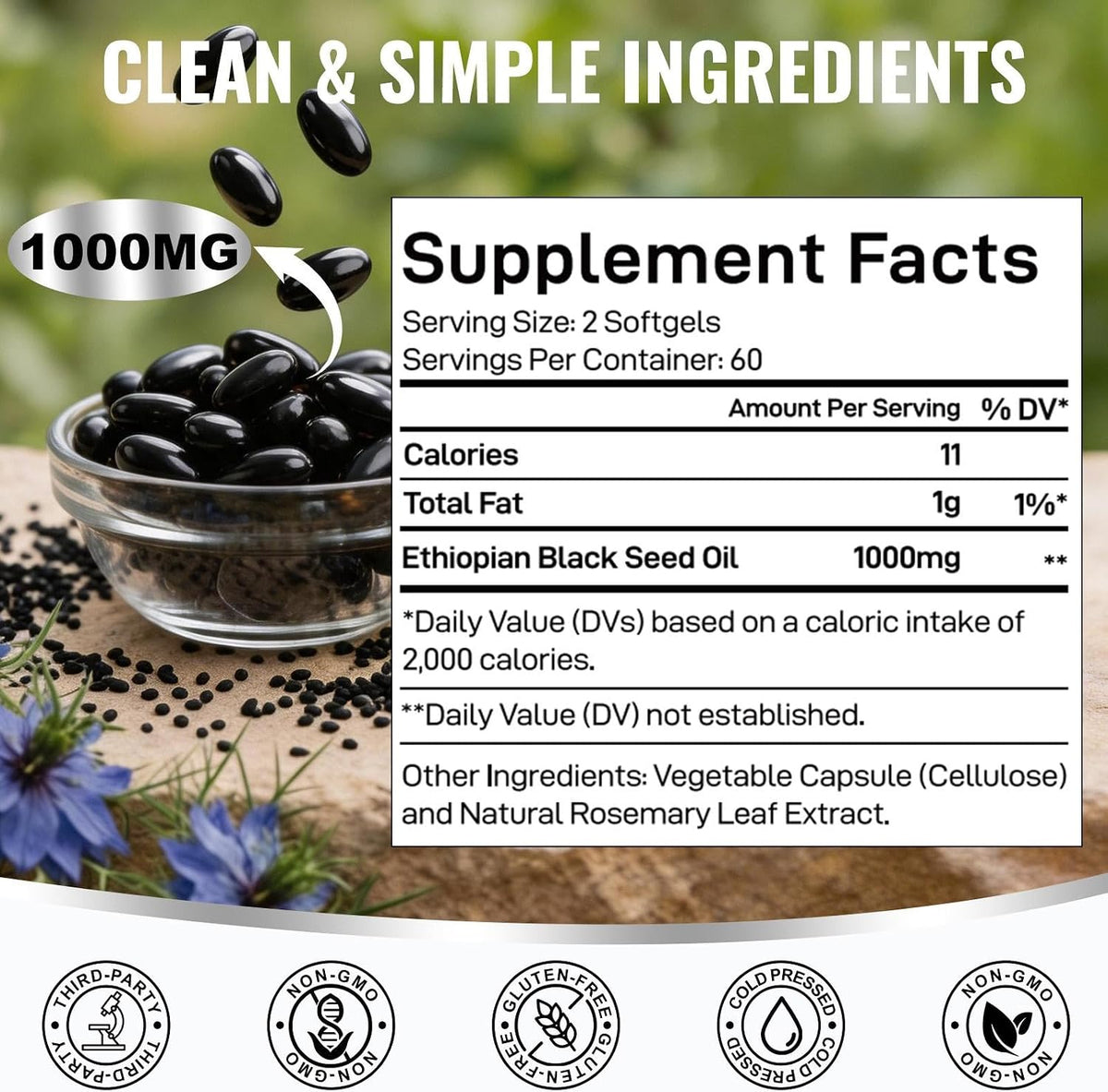 Ethiopian Black Seed Oil Softgels, 120 Count, 1000mg Cold Pressed | 4.64% Thymoquinone, Digestive & Immune Support, Non-GMO, Gluten-Free, Vegan, Black Cumin Seed Oil Softgels, 60 Day Supply