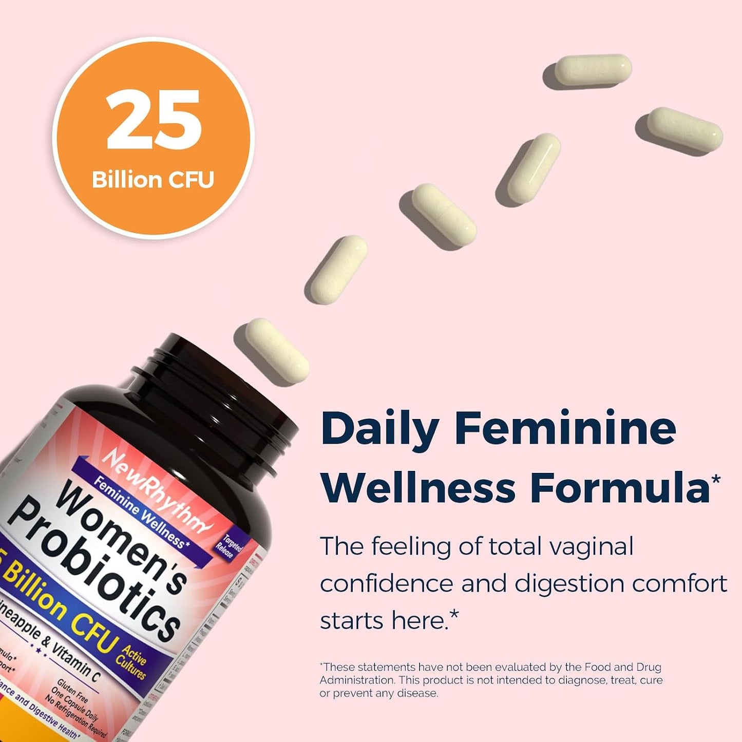 NewRhythm Vaginal Probiotics for Women, with Pineapple Powder, Vitamin C, Natural Vaginal PH Balance, Immune Support & Digestive Health, Vegan, 60 Capsules